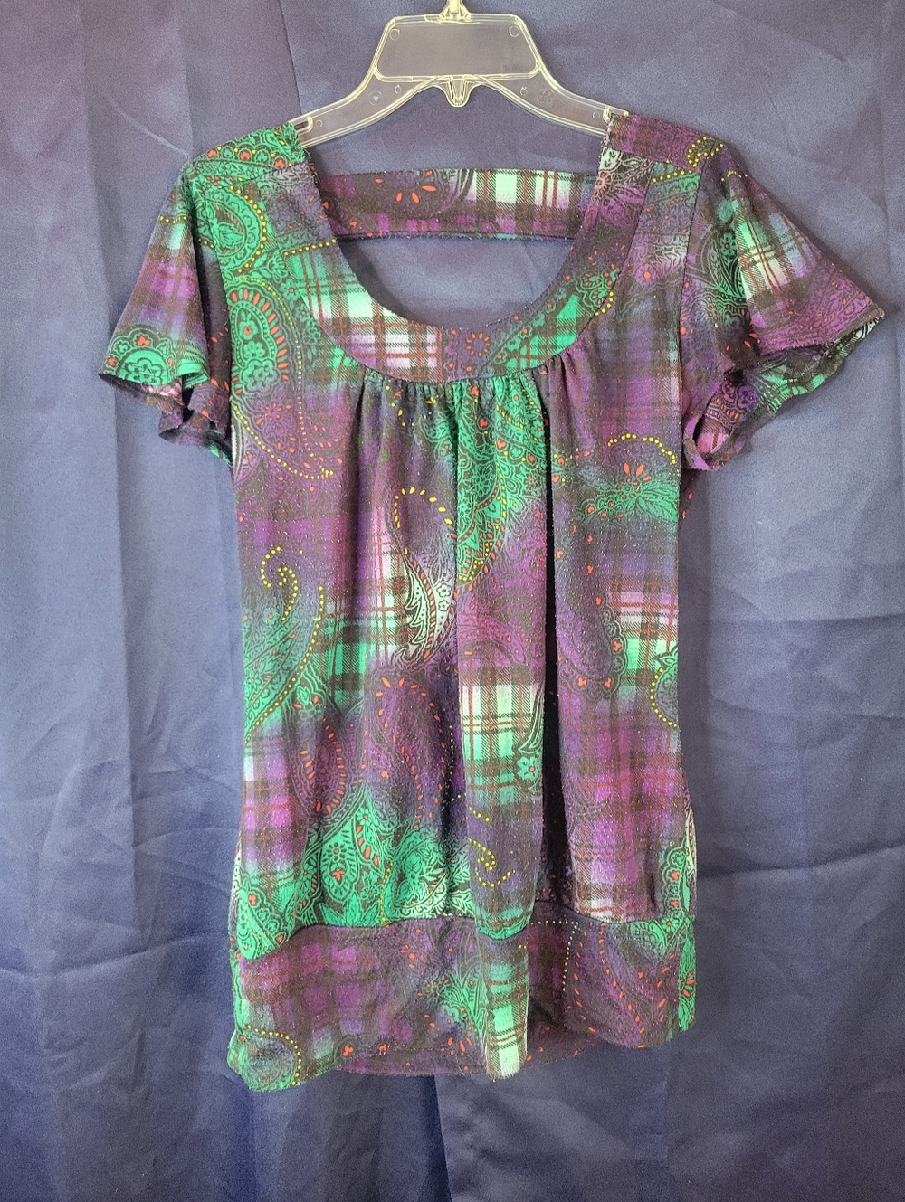 Purple and Green Paisley Plaid Short-Sleeve Blouse